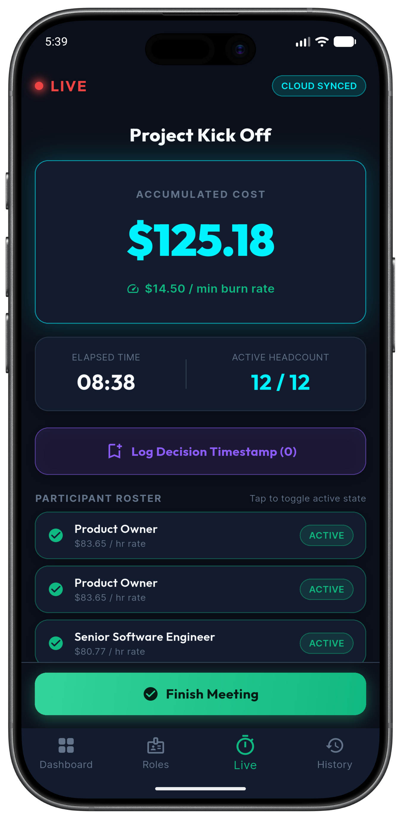 MeetingCents Live Running Session Screen